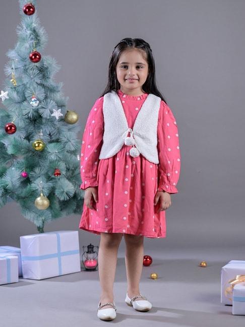 budding bees kids pink & white printed full sleeves dress with jacket