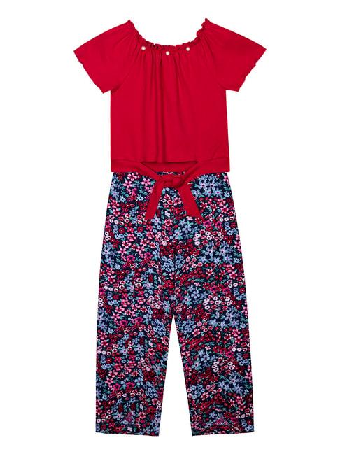 budding bees kids red & navy floral print top with plazzos