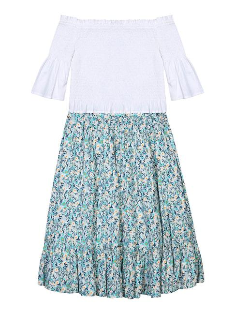 budding bees kids white & blue floral print full sleeves crop top with skirt