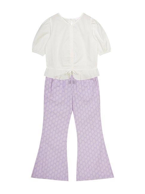 budding bees kids white & purple printed top with pants
