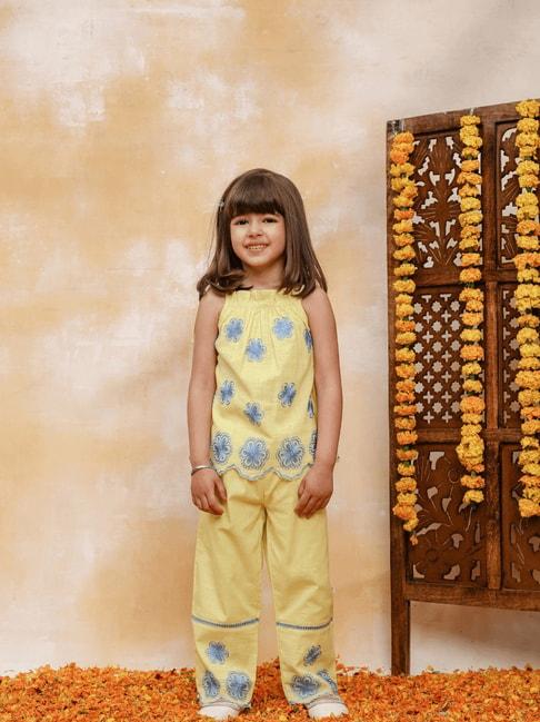 budding bees kids yellow embroidered top with pyjamas