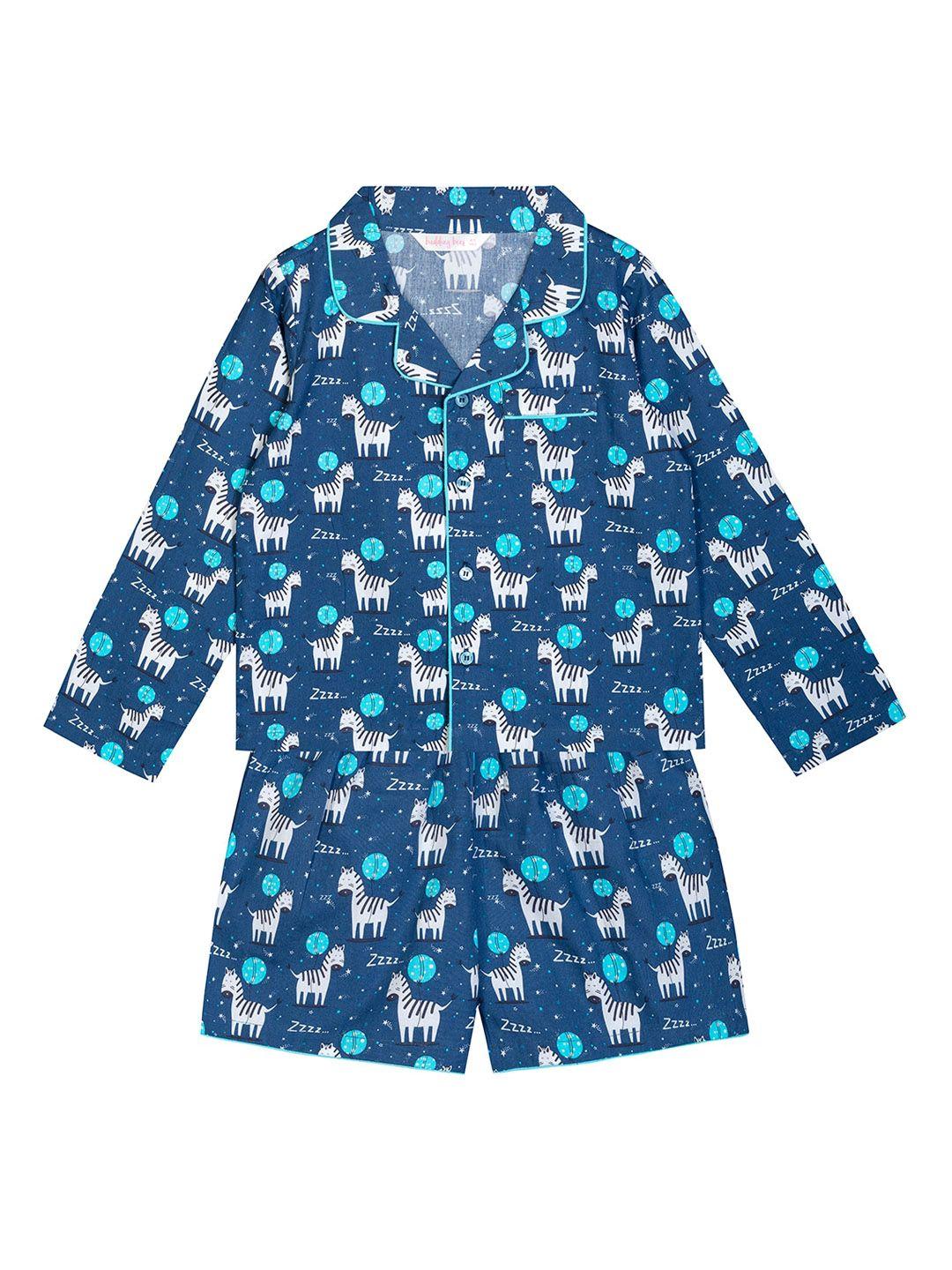budding bees boys blue & white printed night suit