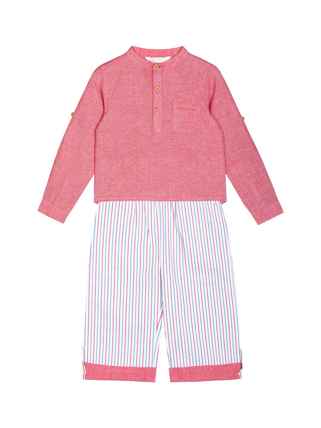 budding bees boys coral red & white pure cotton shirt with trousers
