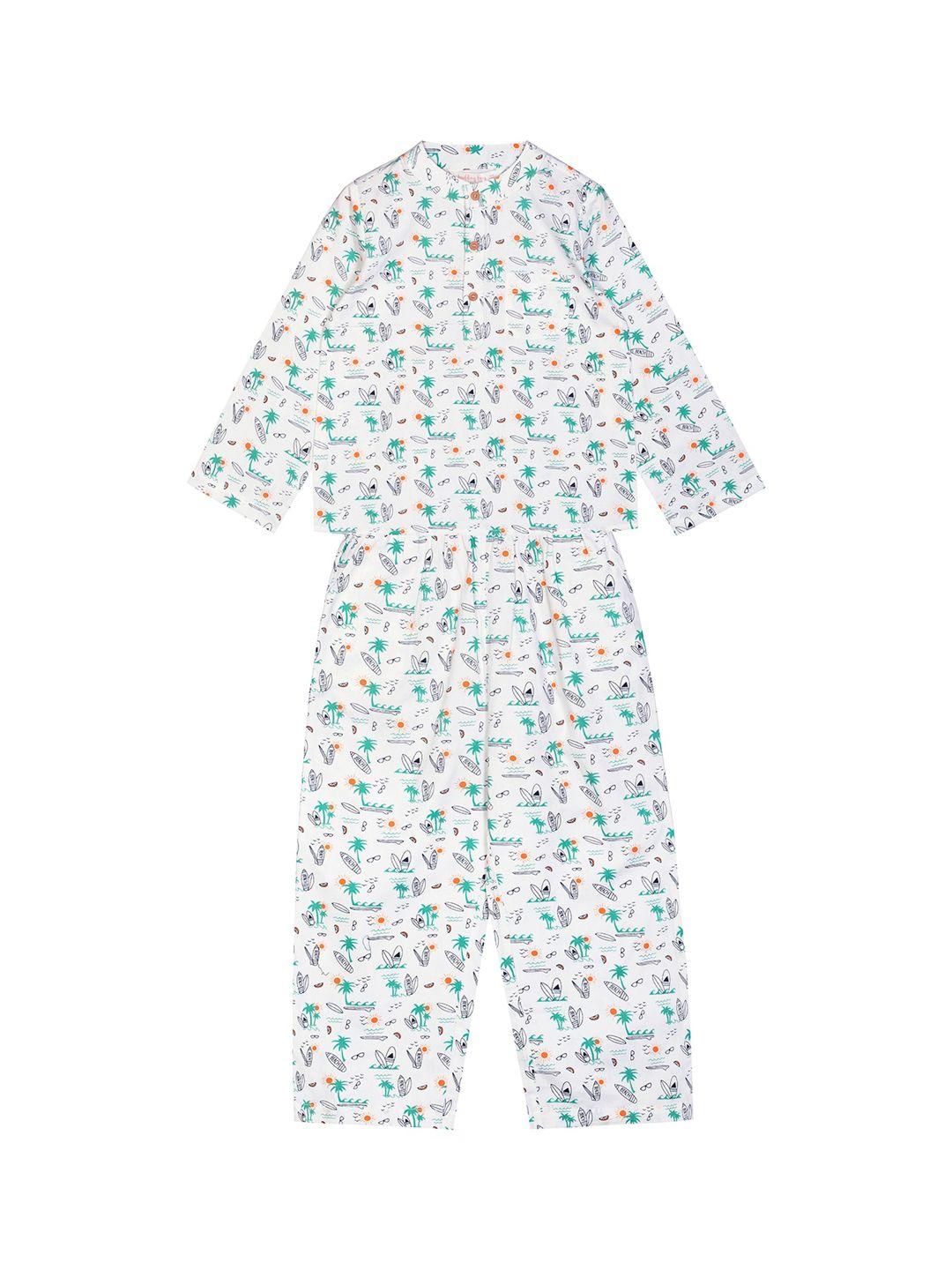 budding bees boys white & blue printed night suit