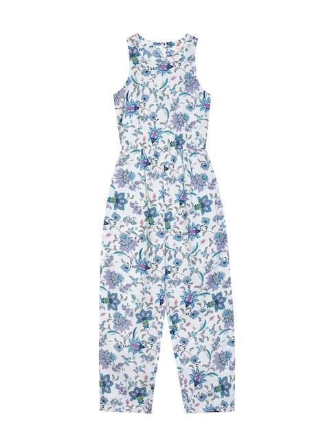 budding bees kids blue & white floral print jumpsuit