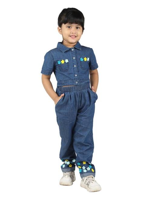 budding bees kids blue solid denim shirt with pants
