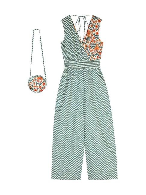 budding bees kids green & orange cotton printed jumpsuits with handbag