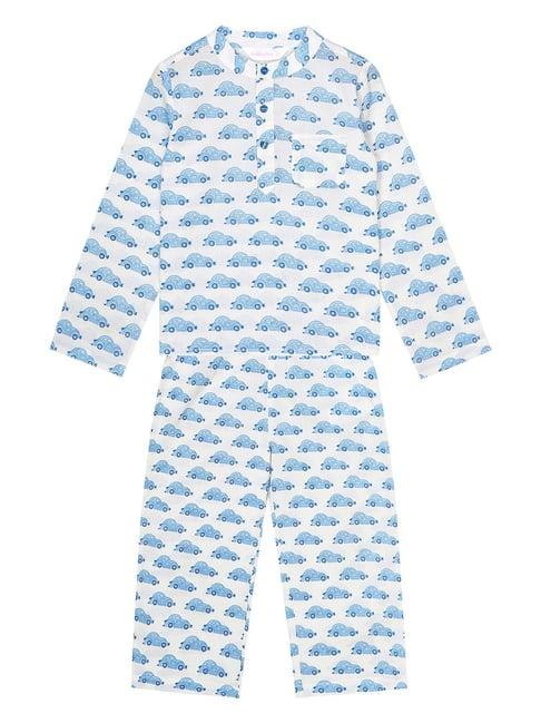 budding bees kids off white & blue printed full sleeves t-shirt with pants