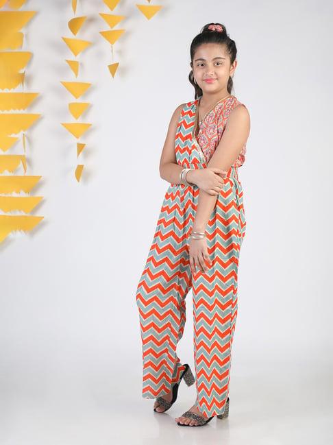 budding bees kids orange & sage green printed jumpsuit