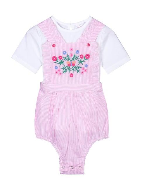 budding bees kids pink & white embroidered t-shirt with romper