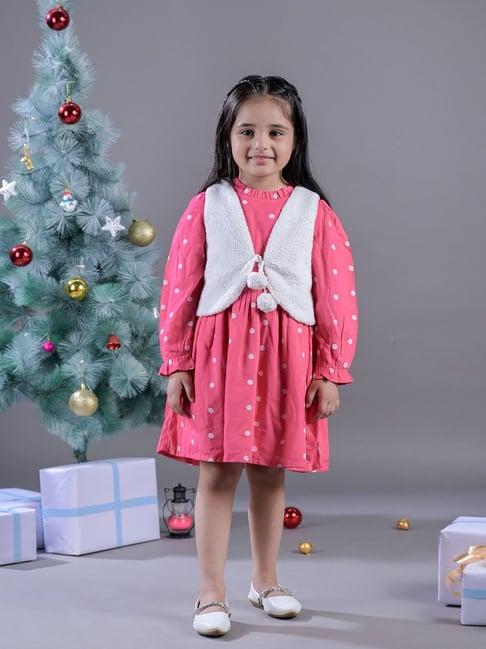 budding bees kids pink & white printed full sleeves dress with jacket