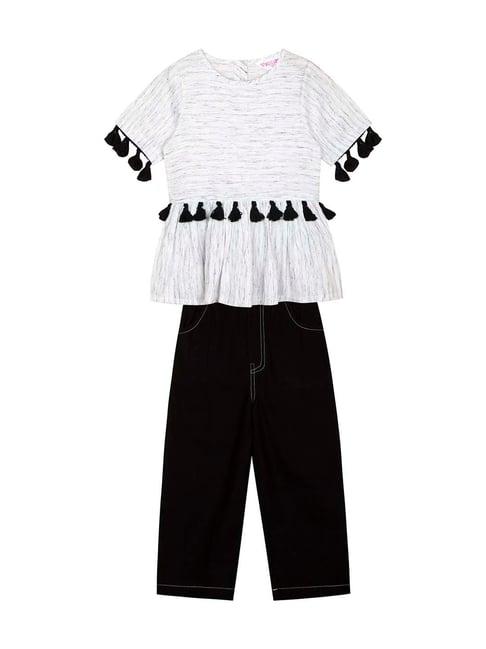 budding bees kids white & black cotton embroidered top set