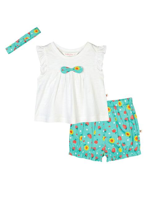 budding bees kids white & green printed top with shorts & hairband