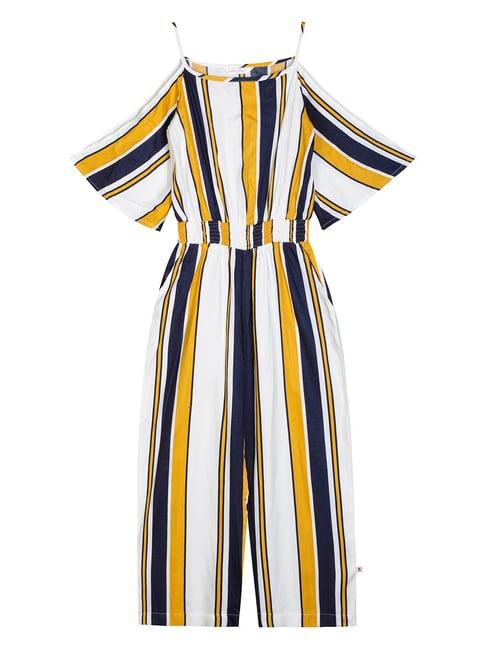 budding bees kids white & navy striped jumpsuit