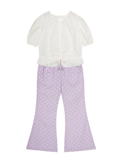 budding bees kids white & purple printed top with pants