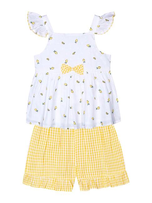 budding bees kids white & yellow printed dress with bloomer