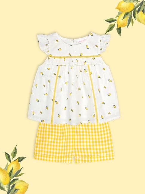 budding bees kids white & yellow printed top with shorts