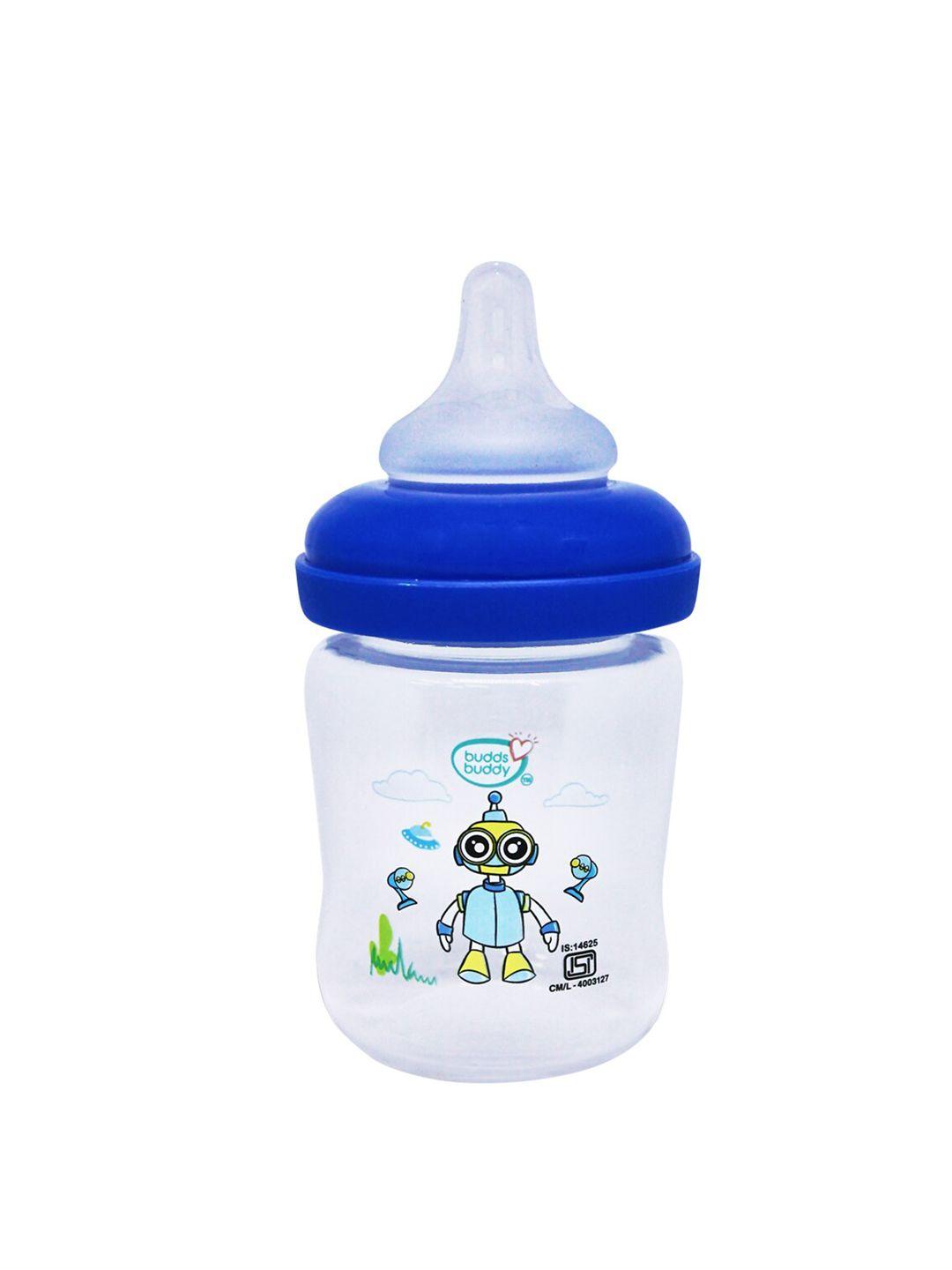buddsbuddy infant kids white & blue printed regular neck feeding bottle 125ml