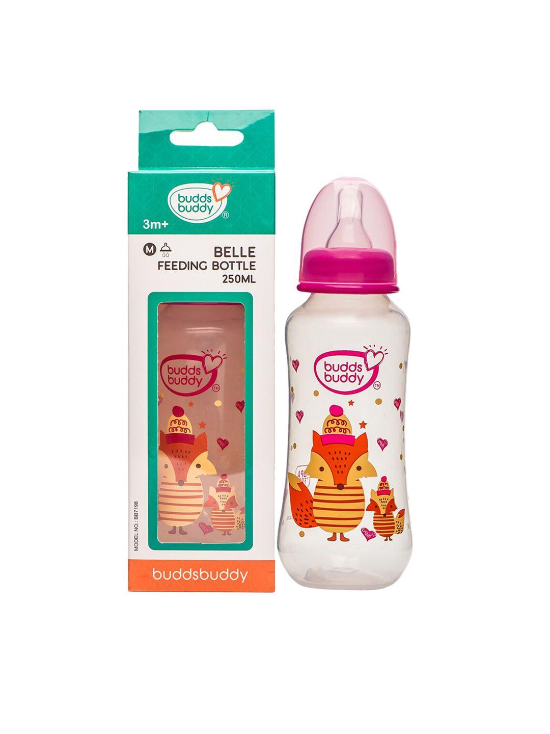 buddsbuddy kids pink & transparent printed regular neck baby feeding bottle-250ml