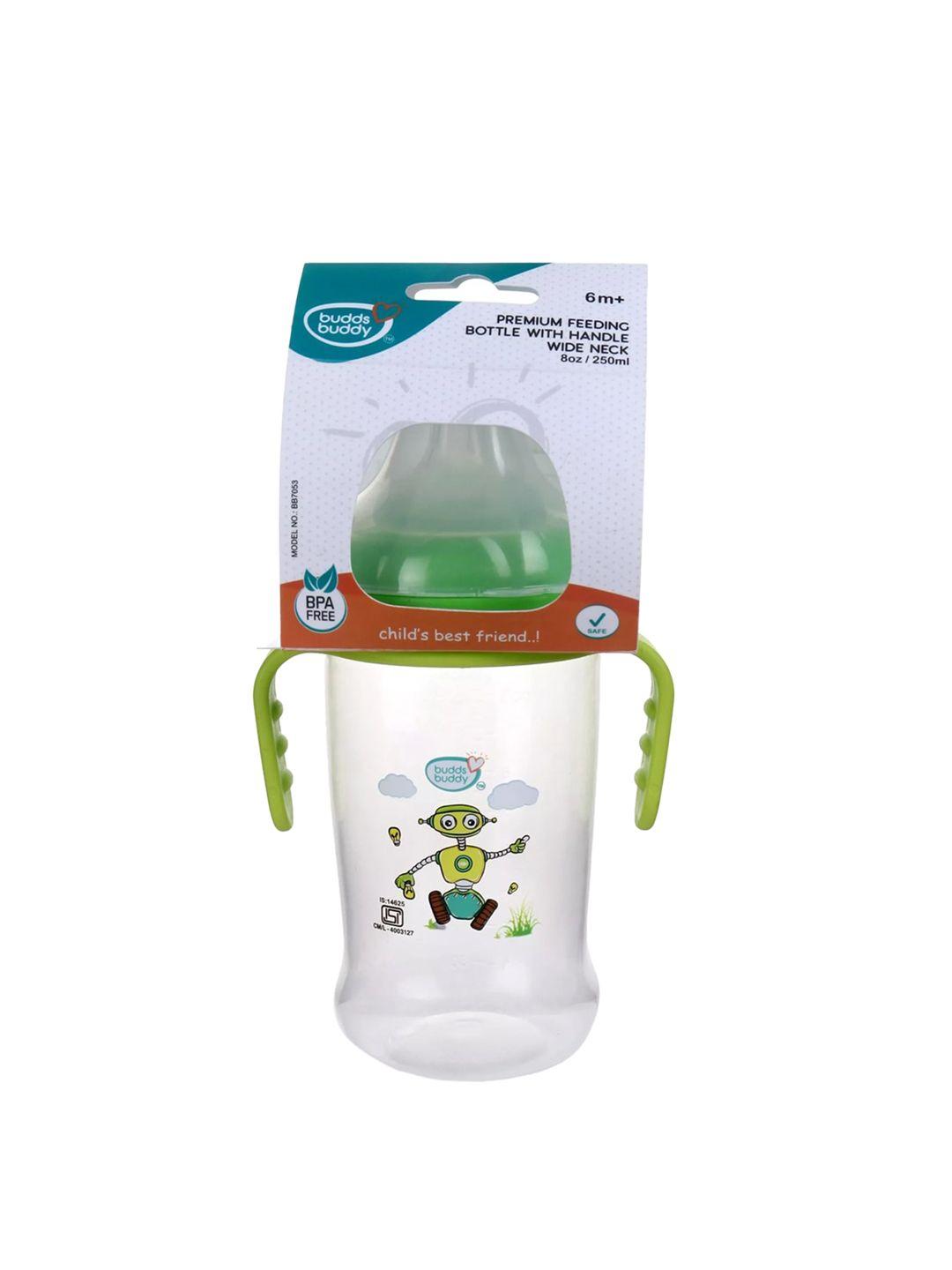 buddsbuddy kids green & transparent printed wide neck baby feeding bottle-250ml
