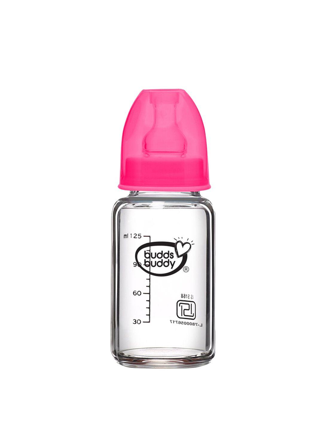 buddsbuddy pink glass printed baby feeding bottle- 125ml