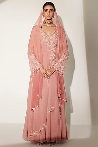 buffed peach & coral haze embroidered anarkali set