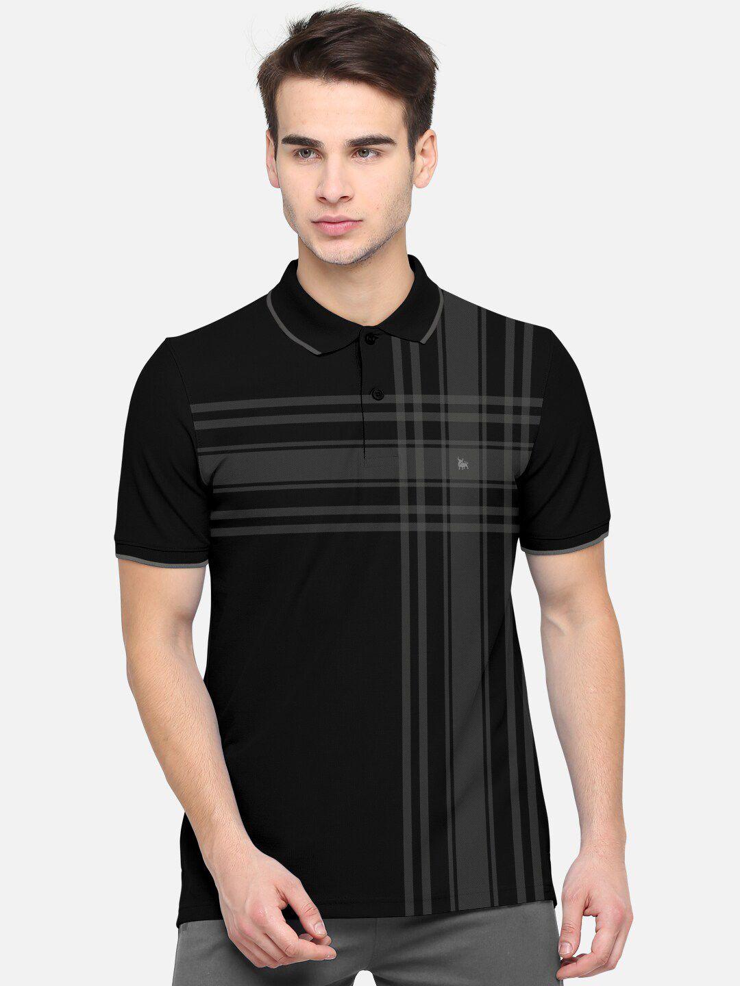 bullmer men black & grey striped polo collar bio finish cotton t-shirt
