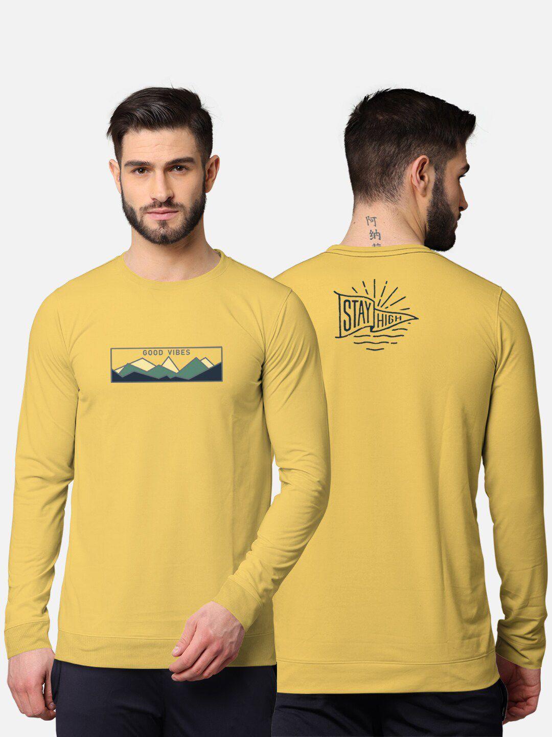 bullmer men mustard yellow front & back graphic printed blended cotton full sleeve t-shirt