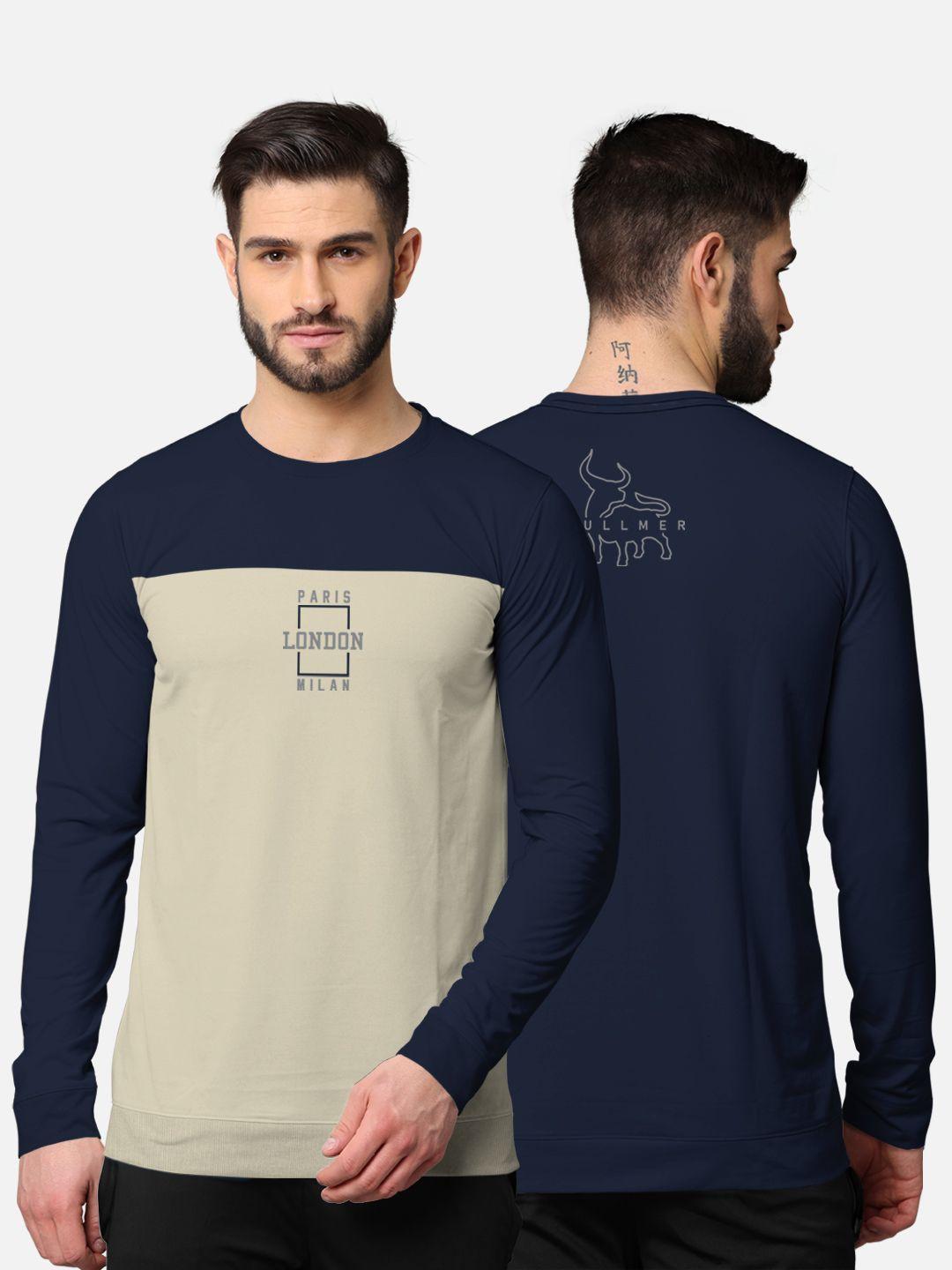 bullmer men navy blue colourblocked cotton t-shirt