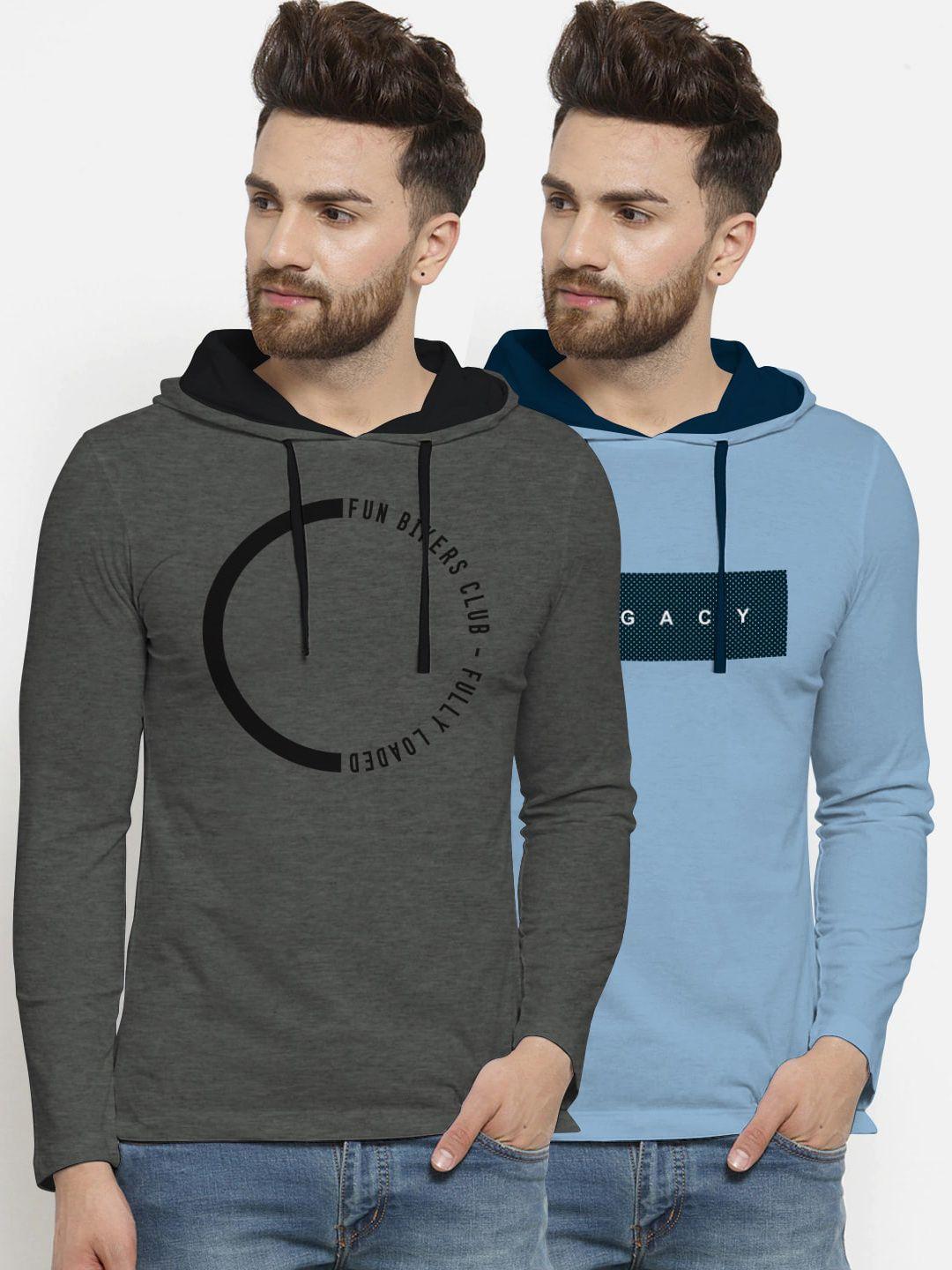 bullmer men pack of 2 printed hood pure cotton t-shirts