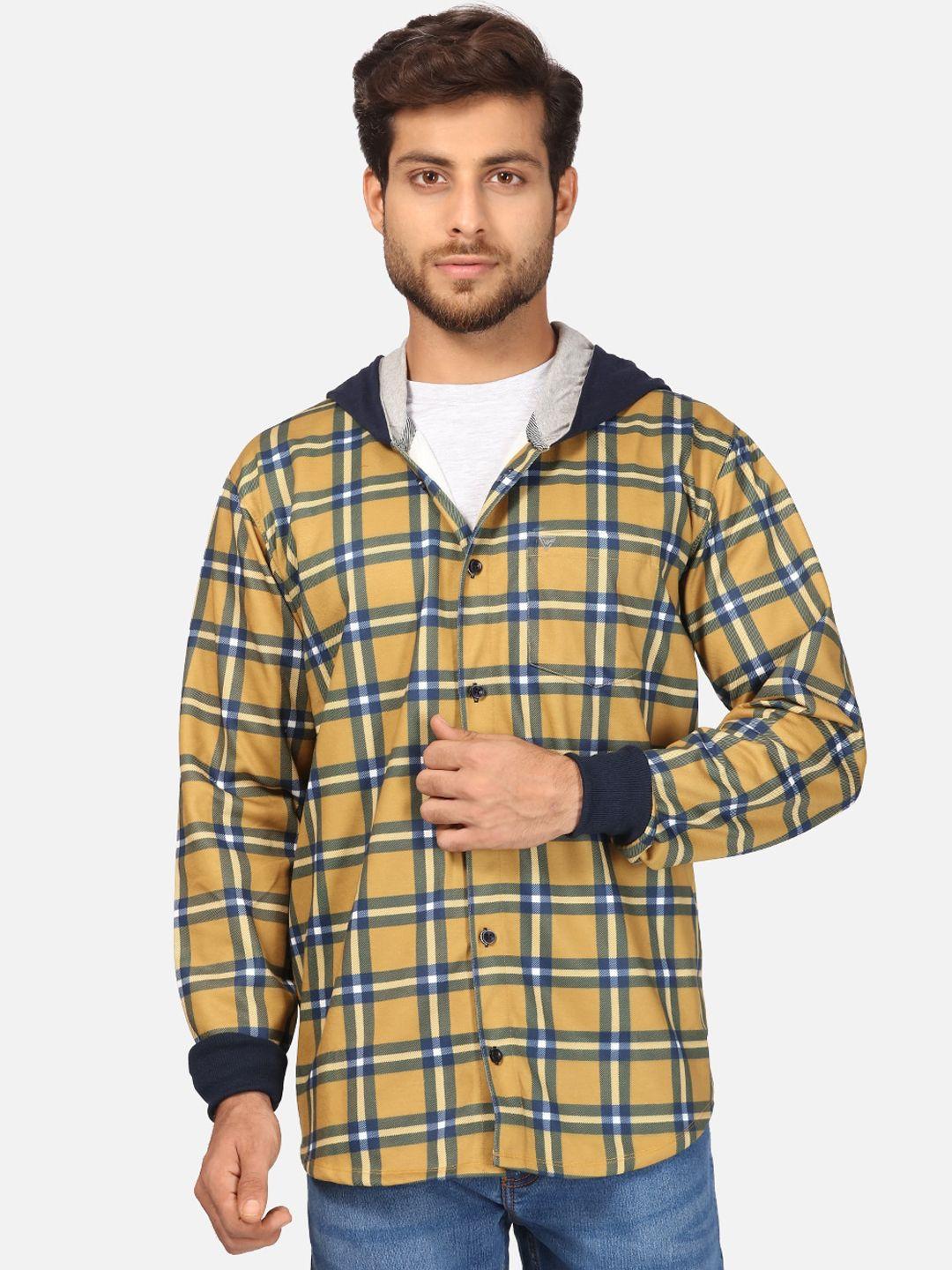 bullmer men yellow & navy blue opaque checked fleece hooded casual shirt