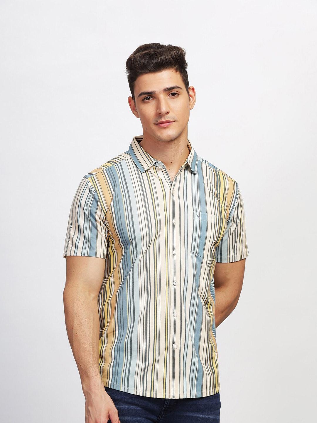 bullmer straight spread collar cotton striped curved casual shirt