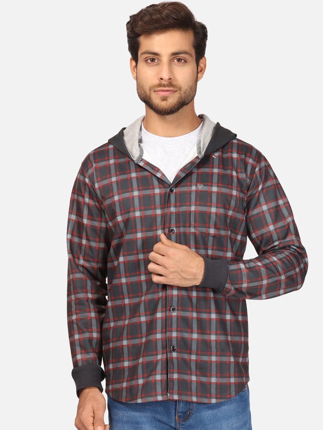 bullmer men black & red opaque checked brushed fleece hooded casual shirt