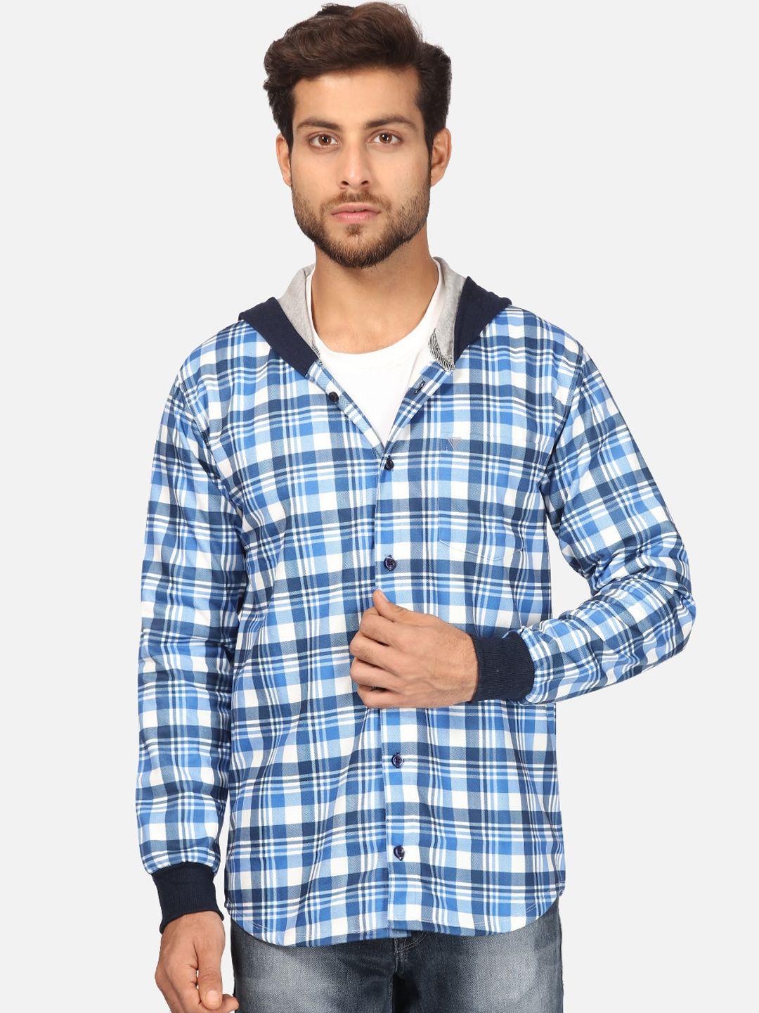 bullmer men blue & navy blue opaque checked fleece hooded casual shirt