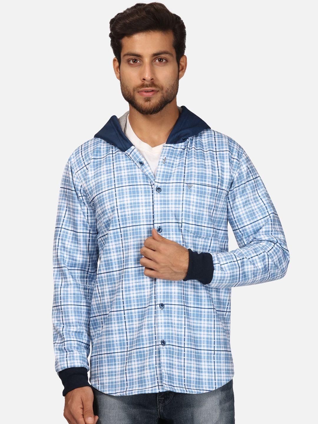 bullmer men blue checked fleece hooded sweatshirt