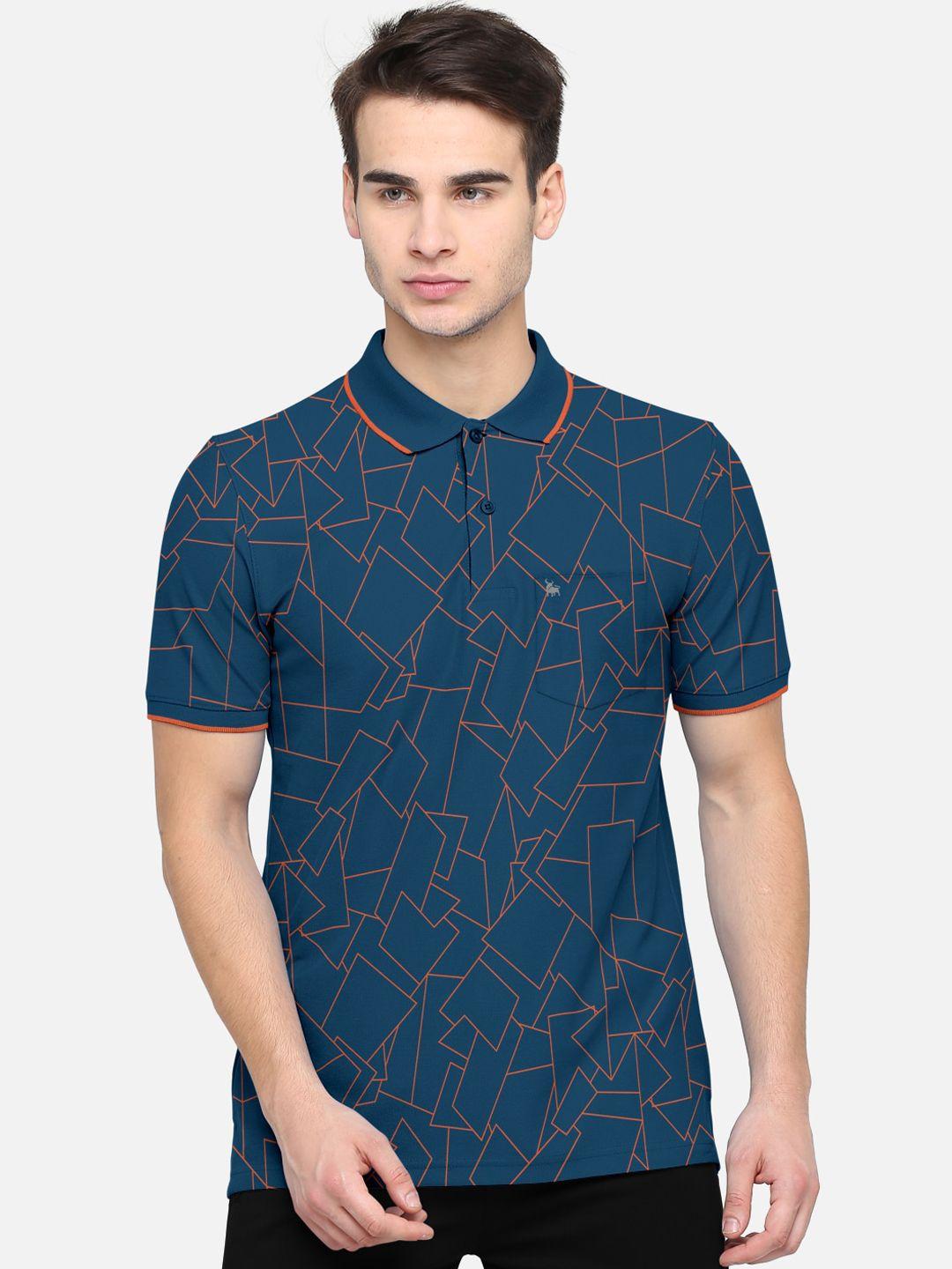 bullmer men blue printed polo collar t-shirt