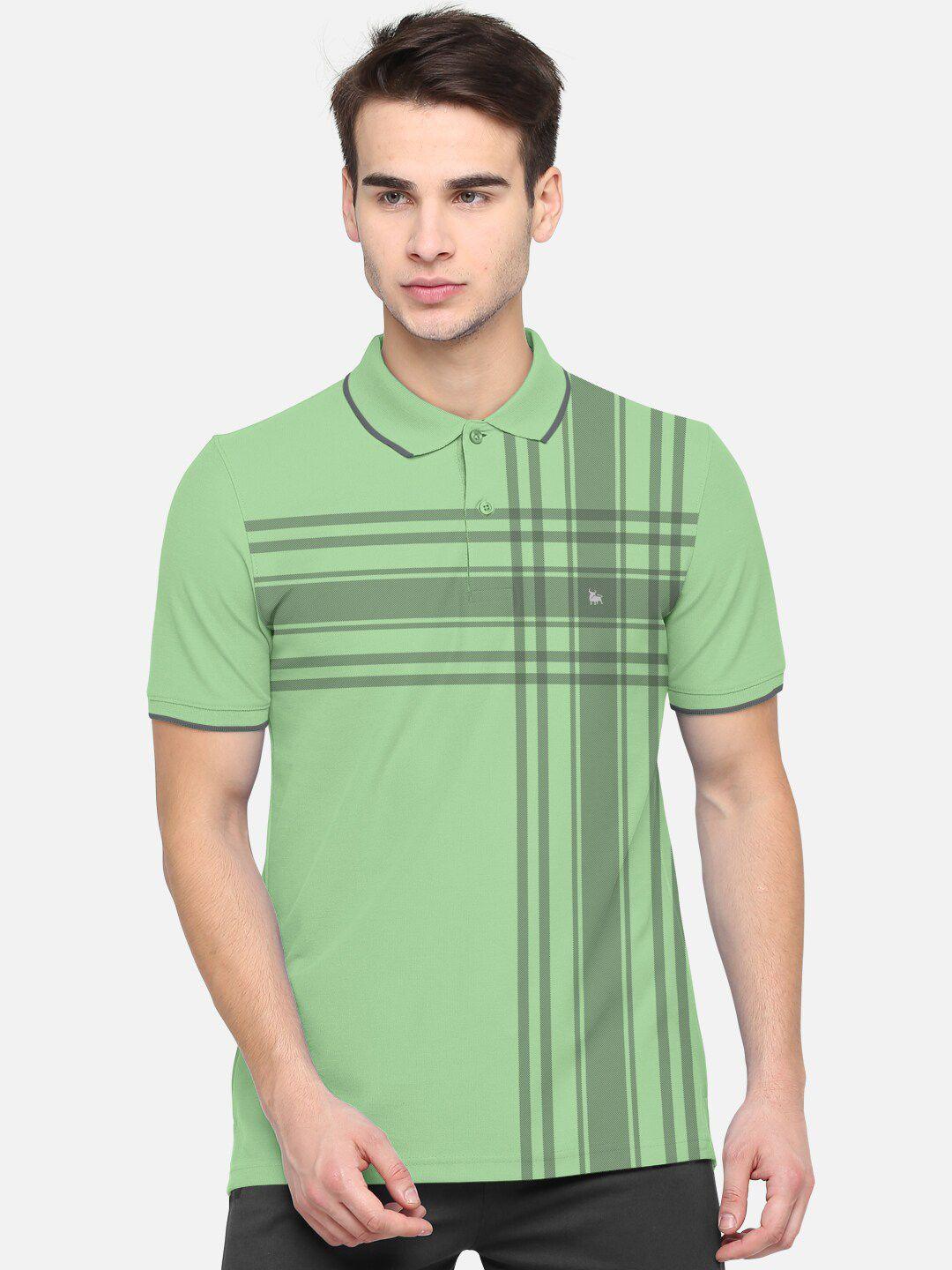 bullmer men green & grey striped polo collar bio finish cotton t-shirt