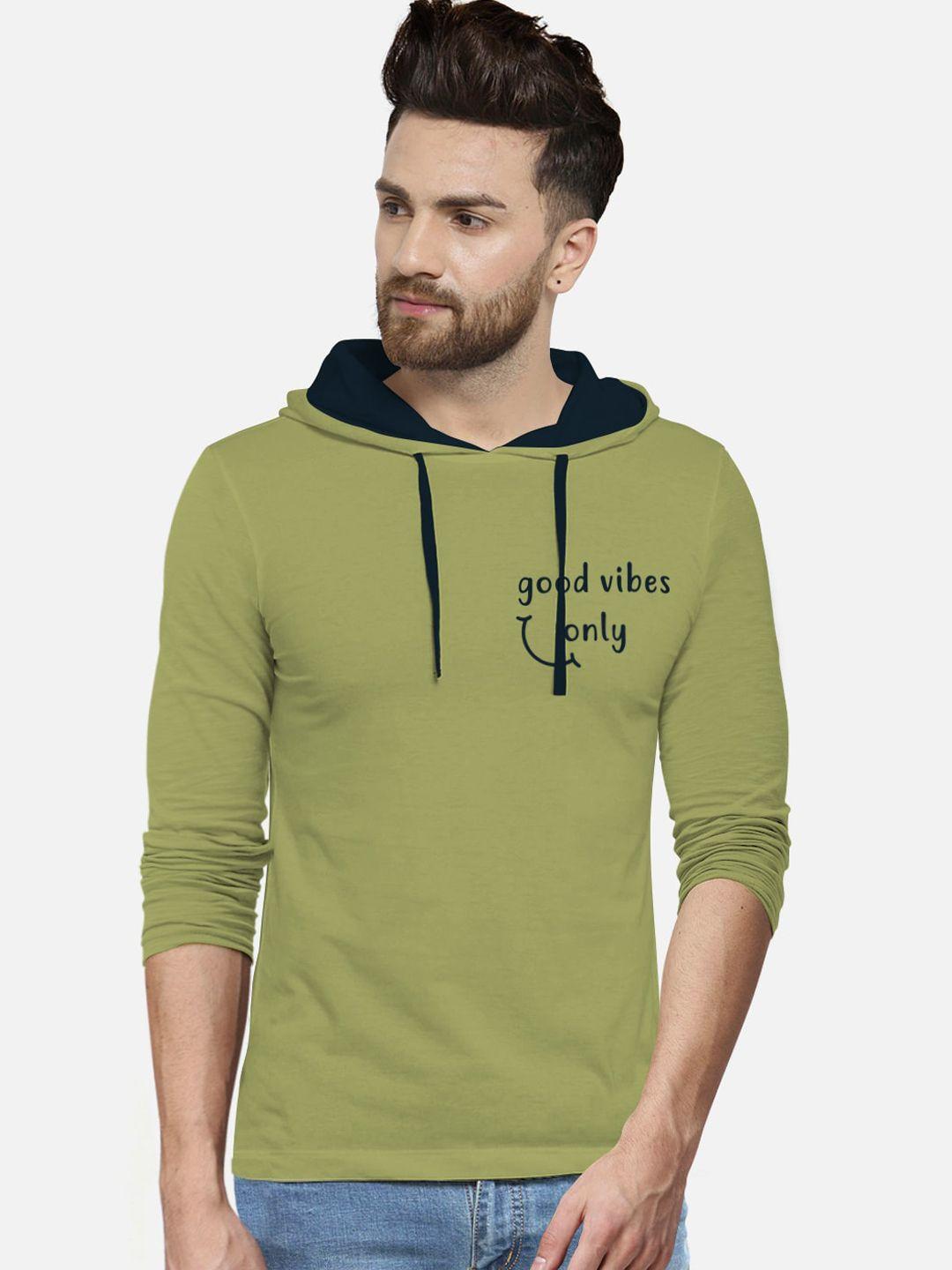 bullmer men green printed cotton hood pure cotton t-shirt