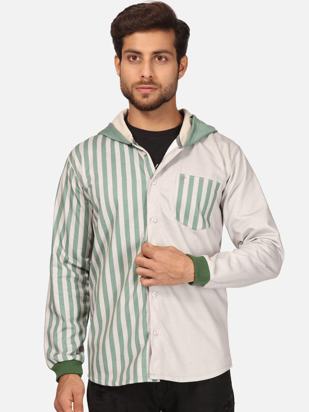 bullmer men green striped fleece hooded sweatshirt