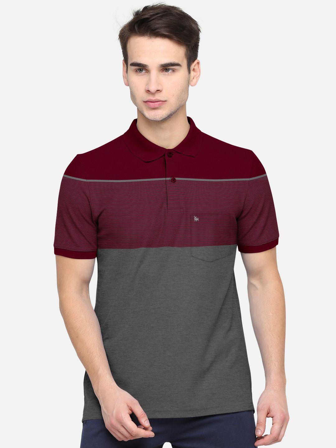 bullmer men grey & maroon colourblocked polo collar t-shirt