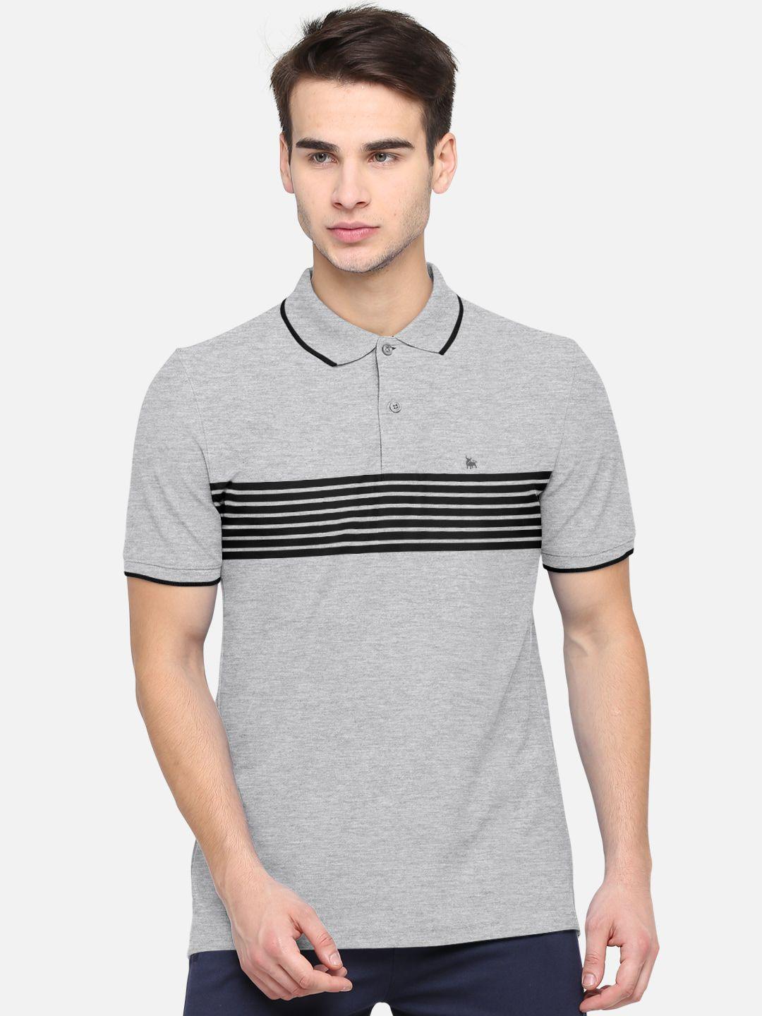 bullmer men grey  black striped polo collar pure cotton t-shirt