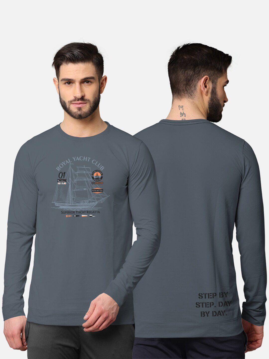 bullmer men grey front & back typography printed  blended cotton full sleeve t-shirt