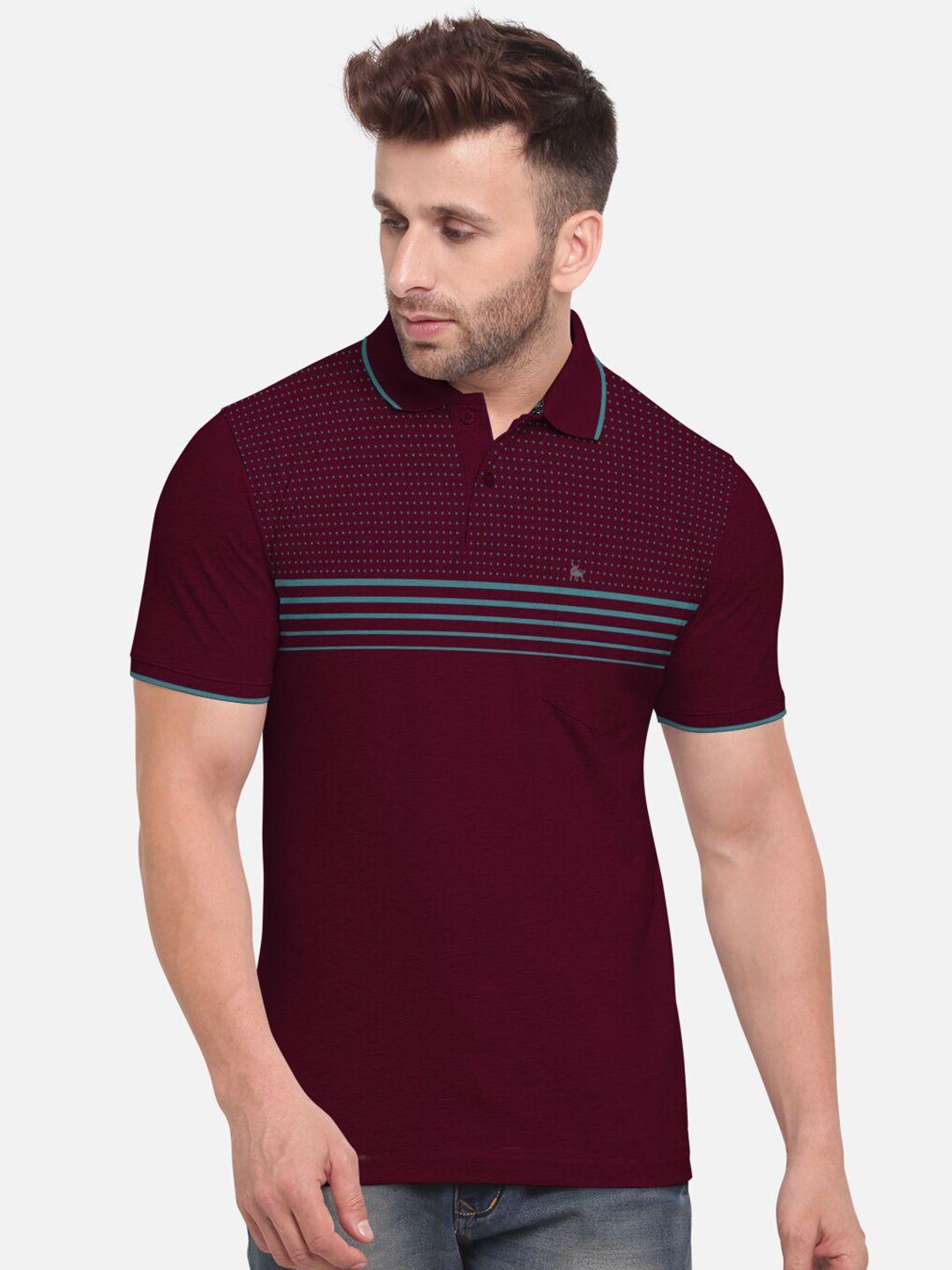 bullmer men maroon  turquoise blue printed polo collar pure cotton t-shirt