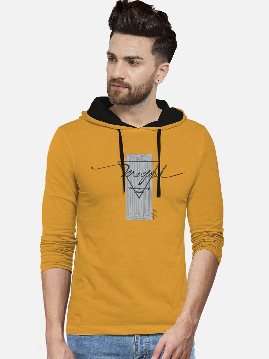 bullmer men mustard yellow & grey typography printed hooded cotton t-shirt