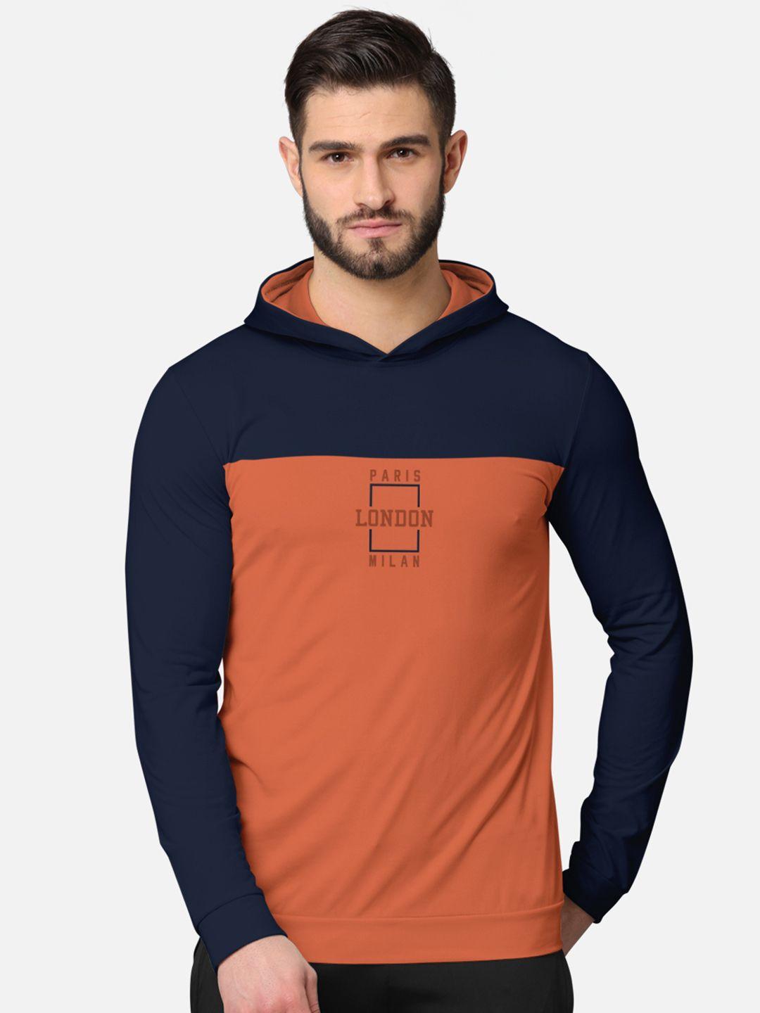 bullmer men navy blue & rust  printed hooded sweatshirt