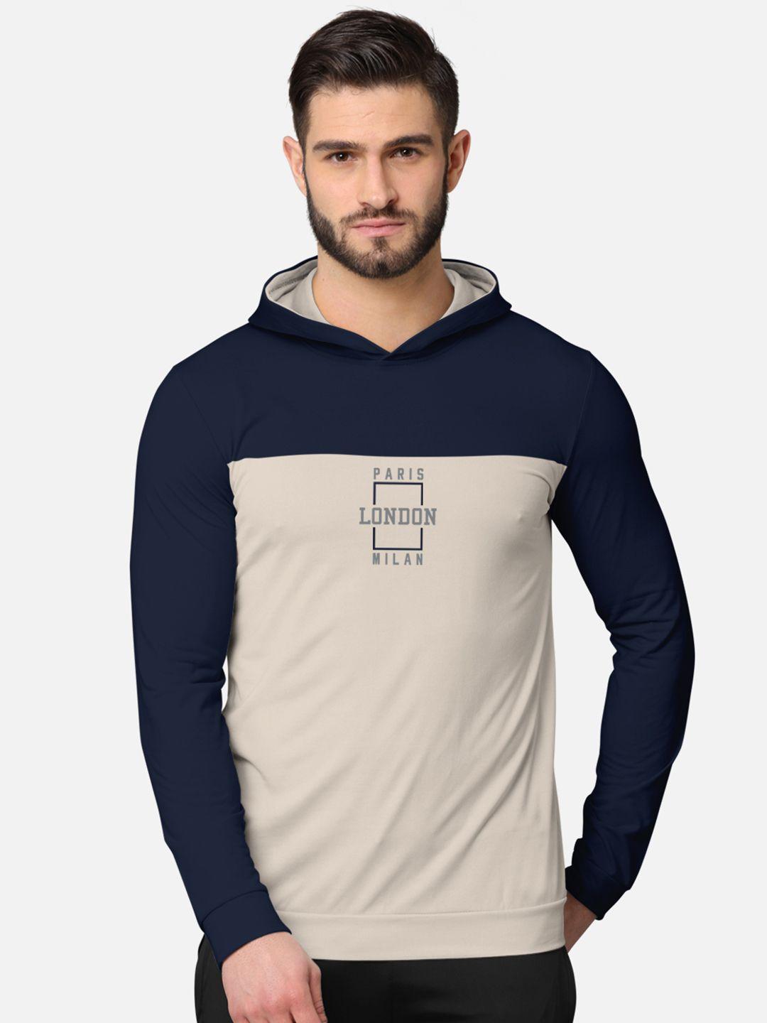 bullmer men navy blue front & back printed hooded sweatshirt