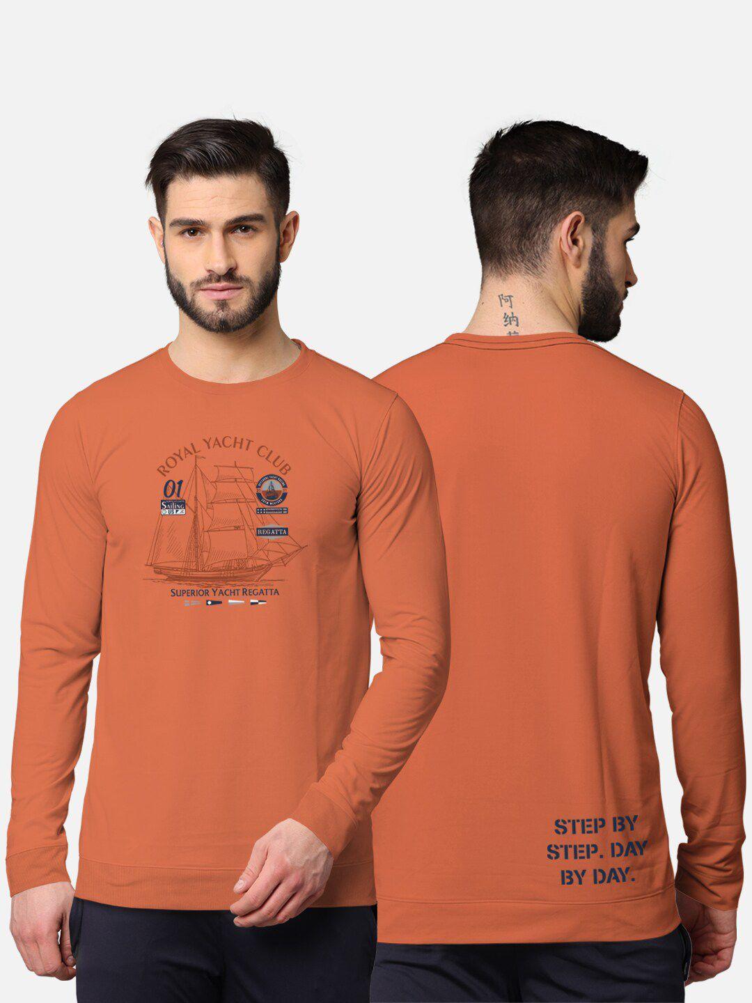 bullmer men orange  front & back typography printed blended cotton full sleeve t-shirt