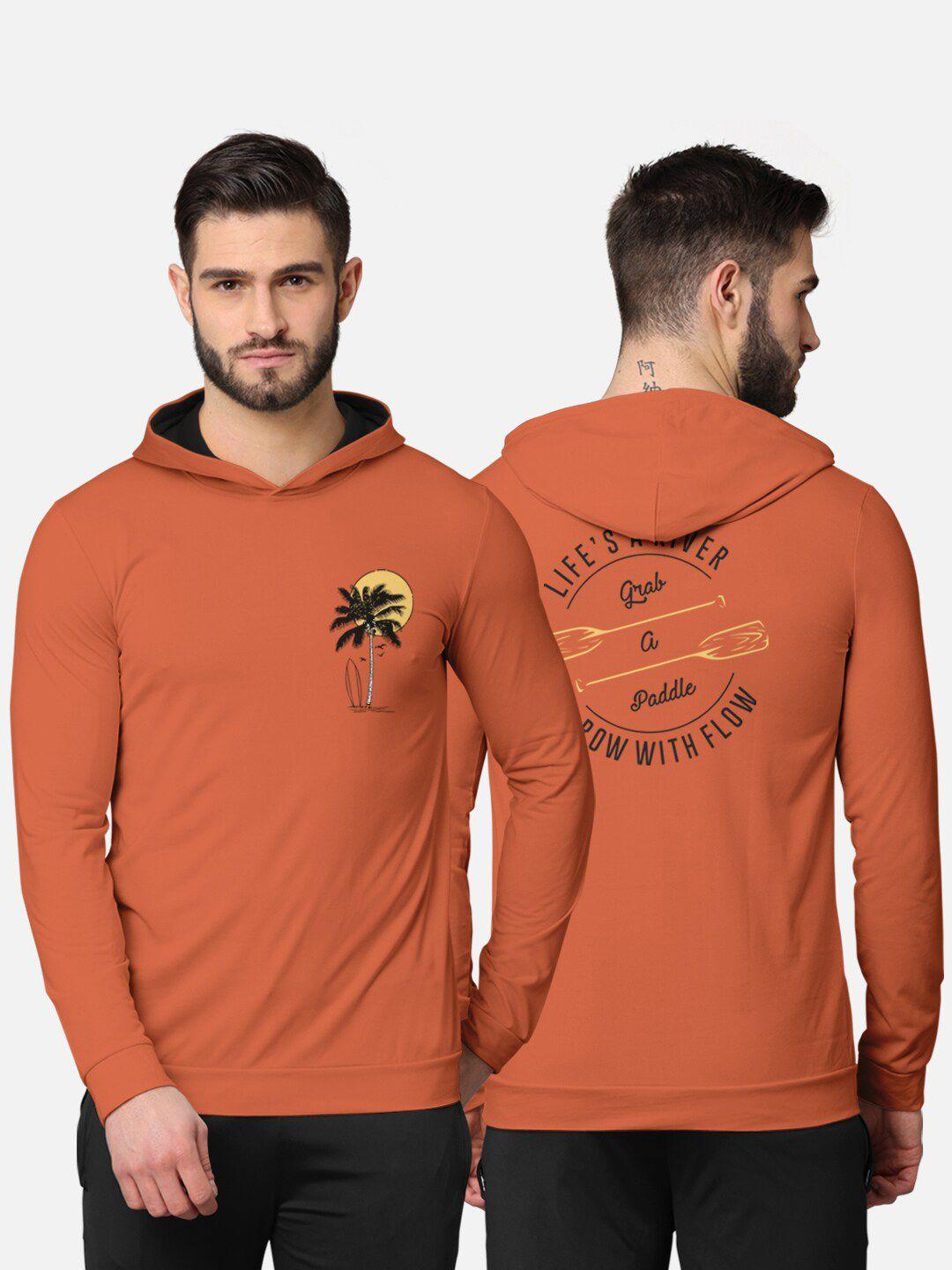 bullmer men orange printed hooded sweatshirt