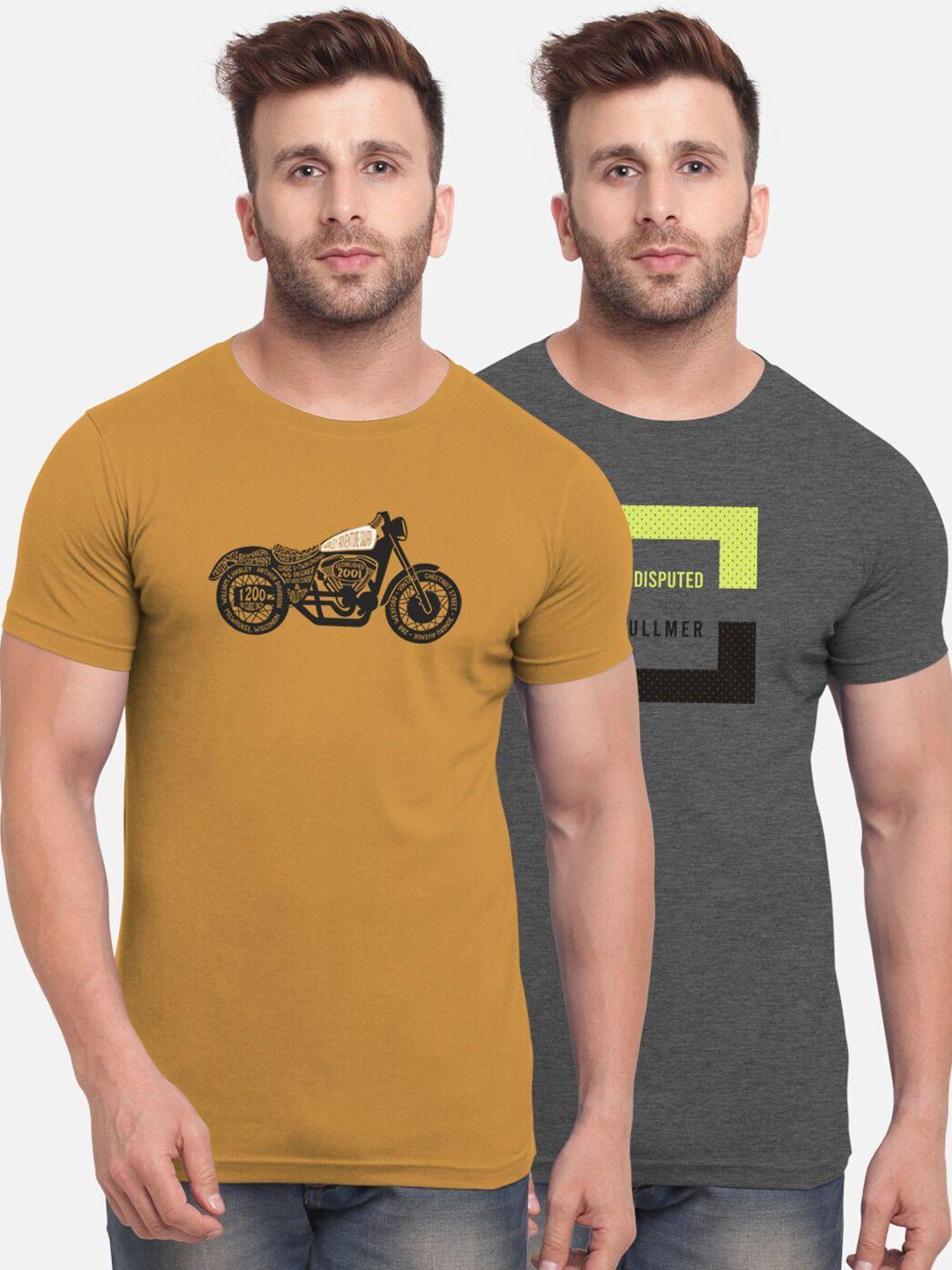 bullmer men pack of 2 mustard yellow & grey printed bio finish t-shirt