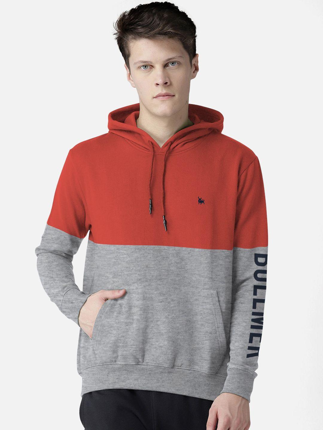 bullmer men red & grey colourblocked hooded sweatshirt